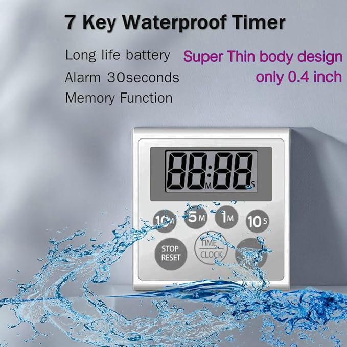 NUOSWEK Digital Timer Waterproof Shower Timer Shower Clock Bathroom Kitchen Timer with Strong Magnet and Large LCD Display (Waterproof 7 Key)