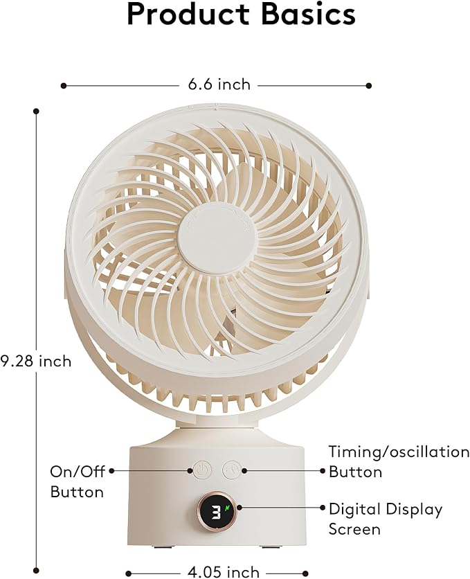 CARONSORT Desk Fan, Small Oscillating Fan for Bedroom, 9 Inch Table Fans Quiet,Desk Air Circulator Fan with 3 Speeds, 4H Time, Rechargeable Fan for Office/Dorm/Room-Beige