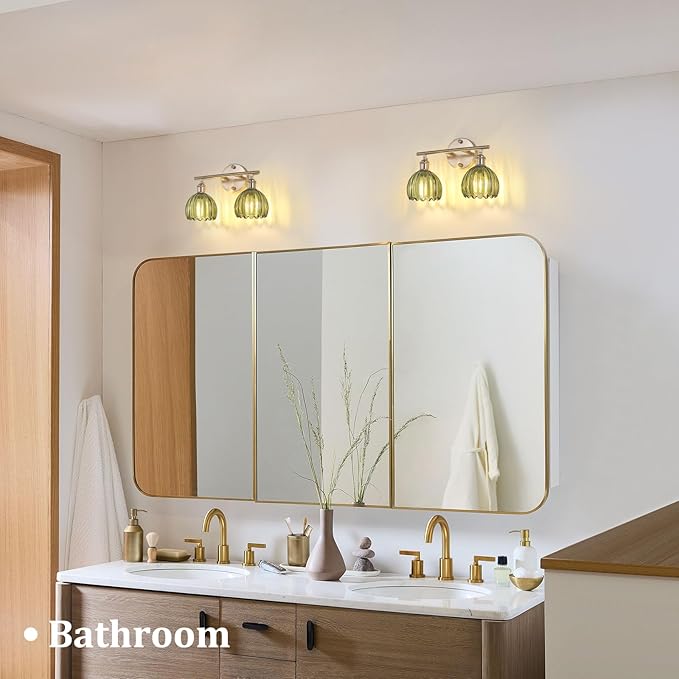 Shenmoyl Bathroom Light Fixtures, 2-Light Vanity Wall Light Over Mirror with Green Tulip Glass Shade for Bedroom Living Room (Bulb Not Included), Satin Nickel