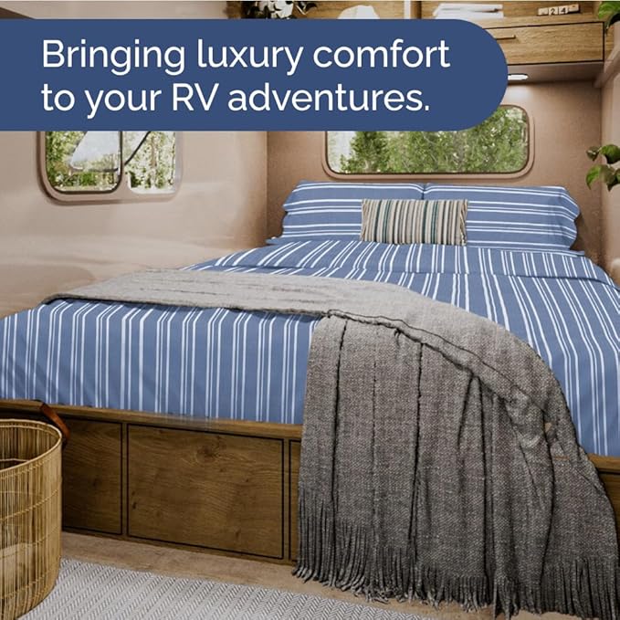 RV Short Queen Sheet Set 60 X 75 - 4 Piece RV Short Queen Bed Sheets - Soft, Breathable & Cooling - Designed for Bunks, Trailers & Campers - Fits 8” to 12" Mattress - Luxury Bedding - Blue Stripes 3