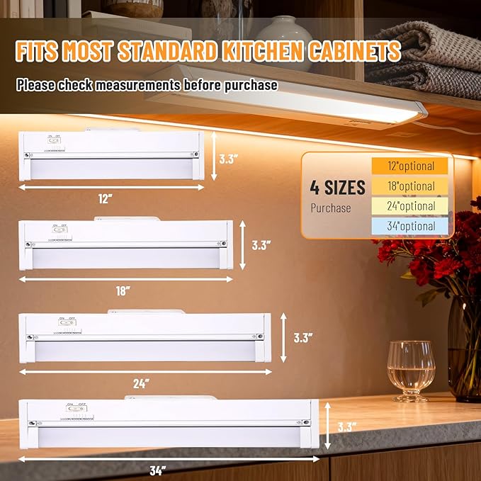 Plug in Under Cabinet Lights Hardwired, 18" 4 Pack Cabinet Light 12W 1000LM, 3CCT, 45° Rotatable Design, Linkable Up to 15 Units Under Counter Lights for Kitchen, Closets