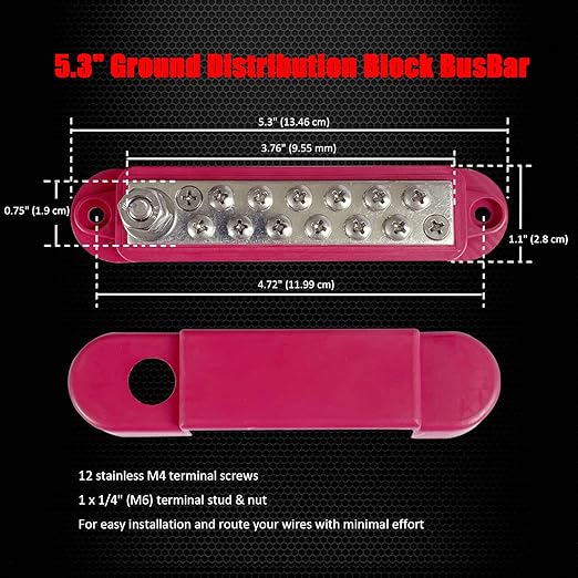 1/4" Stud Power Distribution Block Bus Bar with 12 x #8 Screws, Ampper 5.3" 12V 150A Marine BusBar Battery Distribution Block Kit W/Cover for Car Boat Solar (Red)