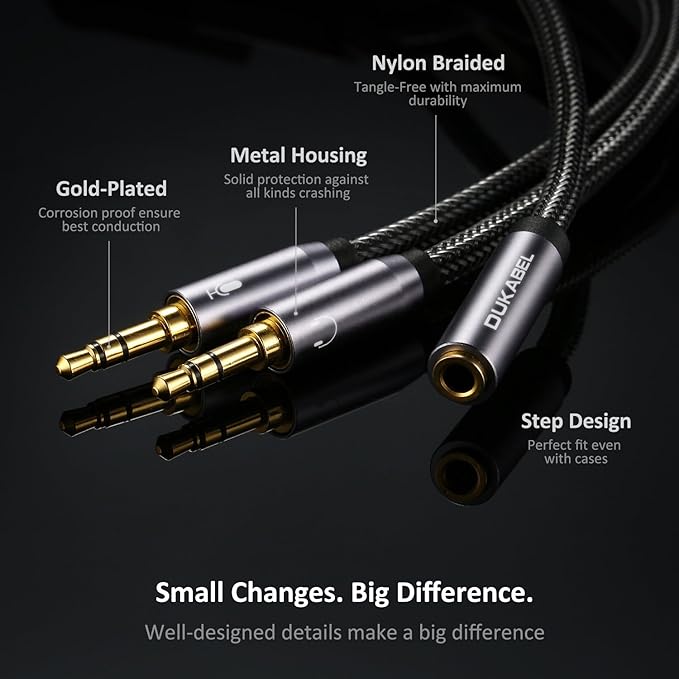 DUKABEL Gold-Plated & Strong Braided Y Splitter Audio Cable - Separate Microphone & Headphone Port Gaming Headset Earphone Adapter - TopSeries (12inch / 30cm)