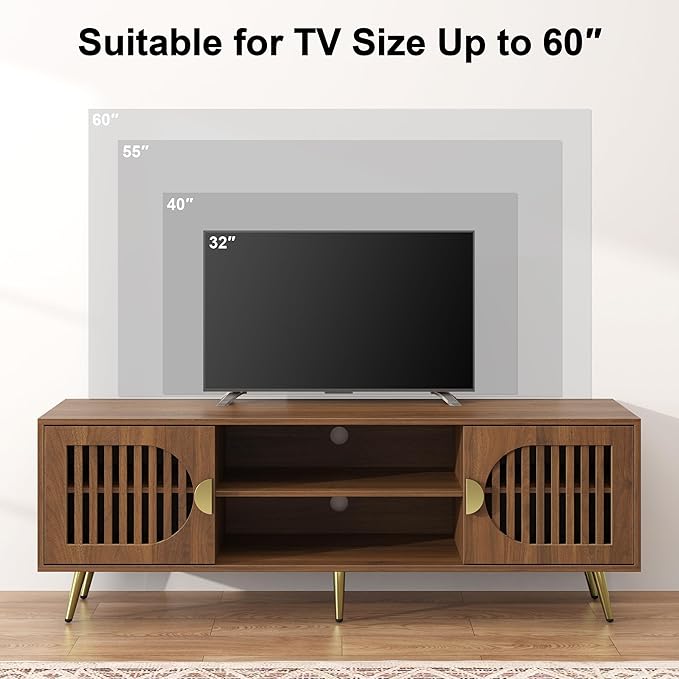 Dorivibe 54.33" Walnut TV Stand for TVs up to 60 Inch, Mid Century Modern Entertainment Center Console Table with Storage Cabinet, Wood Media Furniture for Living Room, Bedroom