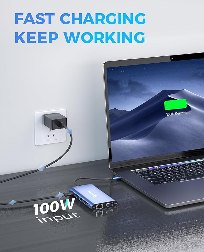 UtechSmart 11 in 1 Docking Station, Triple Monitors USBC Laptop Docking Station with 2 HDMI, VGA, PD3.0, SD TF Card Slot, 4 USB Ports USB-C Adapter Compatible for MacBook & Windows(Blue)