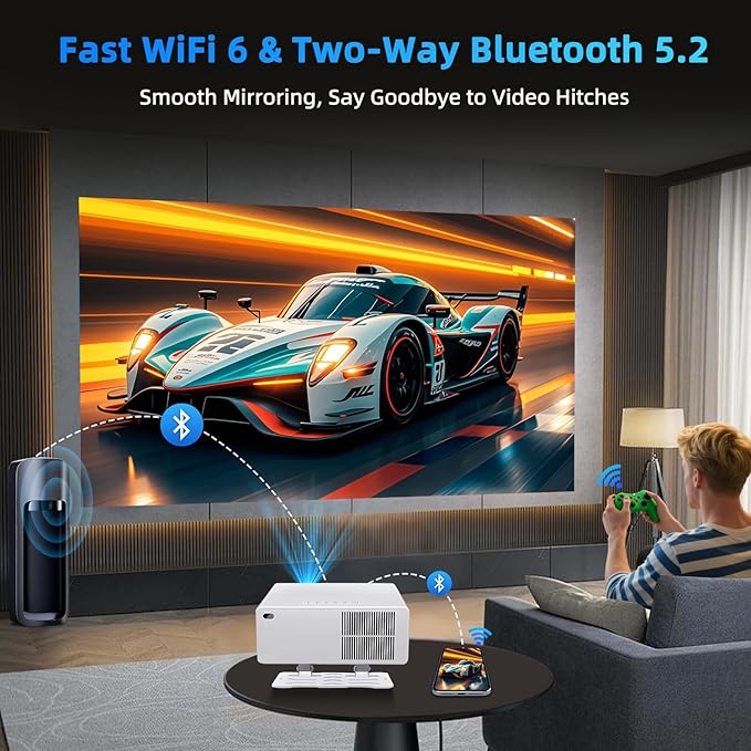 [1800 ANSI & Auto Focus] Smart Mini Projector with WiFi 6 and Bluetooth, 4K Support Outdoor Movie Projector, Native 1080P Dolby Audio Portable Projector for Bedroom/Home/Celling