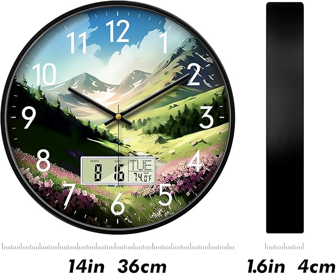 SCOAGE Digital Large Display Silent Wall Clock with Temperature Date Mountain Flowers Modern Non-ticking Battery Operated Mount Clocks Bathroom Kitchen Clock Farmhouse Living Room Office Decor 14 Inch