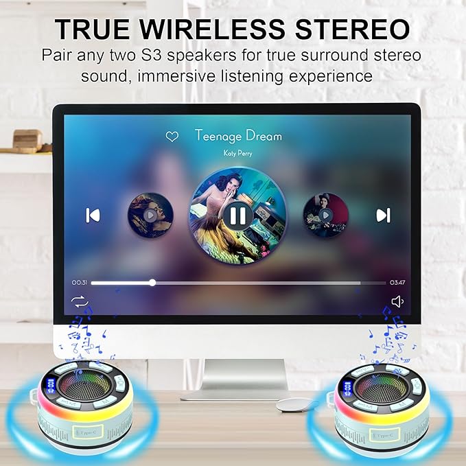 IPX7 Waterproof Shower Bluetooth Speaker, Portable Small Speaker with Suction Cup and Time Display, Loud Crystal Sound & Bass 10H Playtime 1100mAh, Wireless Shower Speakers for Pool, Beach Gift Cyan