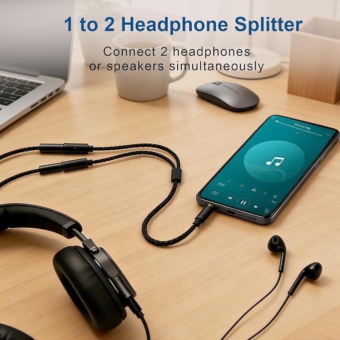 Tavirela Headphone Splitter, Upgraded Nylon Braided 3.5mm Audio Stereo Y Aux Splitter, Dual Headphone Jack Adapter 1 Male to 2 Female for Sharing Music, Compatible with Phone, Switch, PC, Tablet