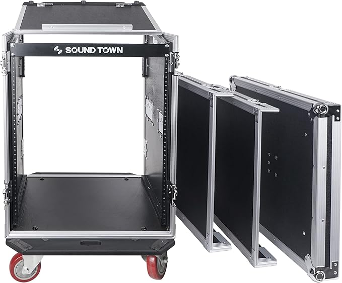 Sound Town Heavy-Duty 1/2" (12mm) Plywood 14U PA DJ Rack/Road ATA Case with 11U Slant Mixer Top, 20’’ Rackable Depth, 2 DJ Work Tables and Casters, 14-Space Size, Pro Tour Grade (STMR-14UWT2)
