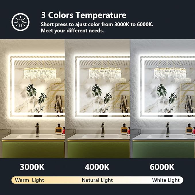 YEELAIT 68x38 Inch LED Bathroom Mirror with Lights Front and Backlit Lighted Vanity Mirror for Bathroom Wall with 3 Colors Dimmable Anti-Fog Memory Shatter-Proof IP54 Waterproof Horizontal/Vertical
