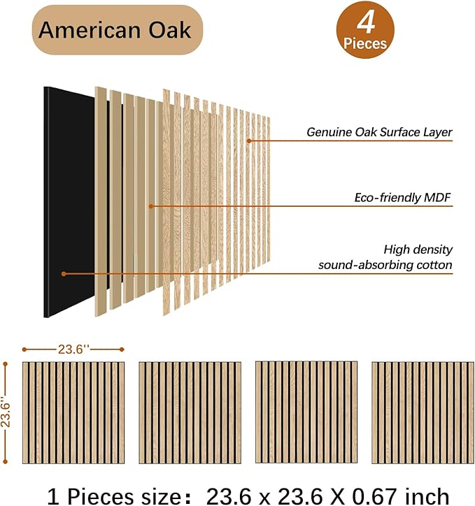ARMURO Acoustic Wood Panels for Wall 4-Pack - Natural Oak Veneer Soundproof Panels for Home & Office, 23.6" Wood Wall Panels with Noise Reduction (23.6" W x 23.6" L)