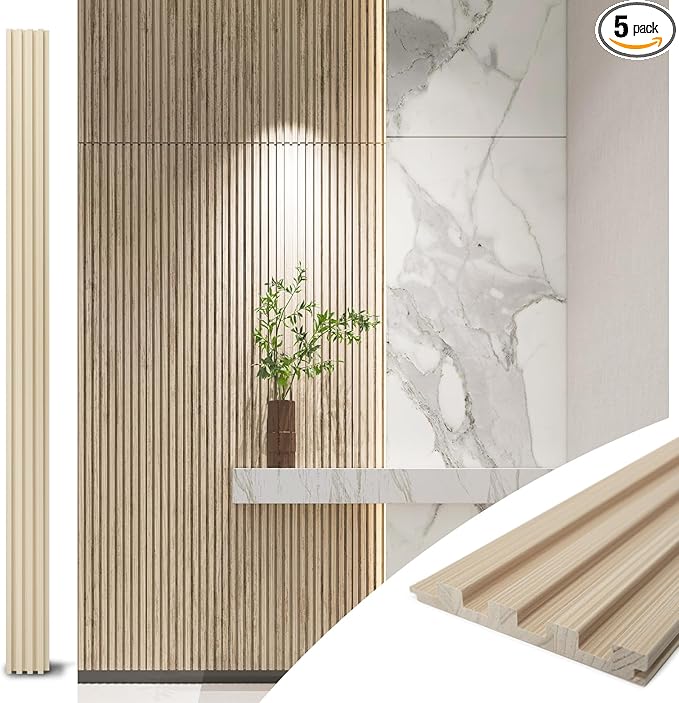 Art3d Slat Wood Wall Paneling for Interior and Ceiling Decoration - Pack of 4pcs + 1pc End-Trim, Size 108 x 5.7in.- Ashtree