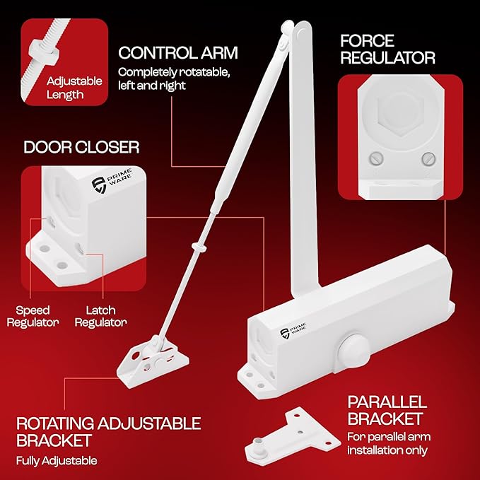 PrimeWare DC-600 Automatic Adjustable Door Closers for Home | Soft Close, No Slam | Residential and Commercial Door Closer | Level 1-6 | for Doors Weighing 30-300 lbs | Hydraulic Door Spring - White