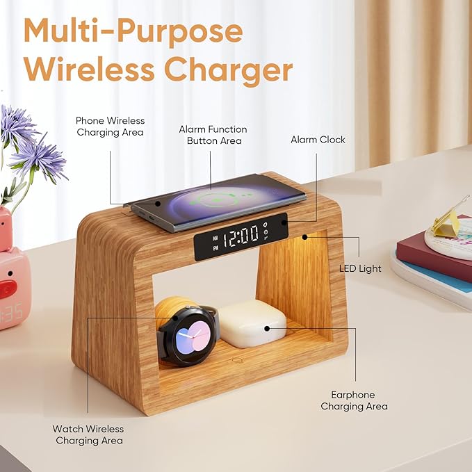 Bamboo Wireless Charging Station, 3 in 1 Charging Station with Light & Clock for Samsung & Android Phone, Wireless Phone Charger Station Only for Samsung Watch