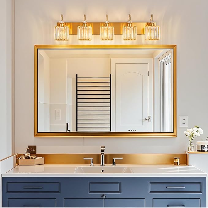 BBLLWJ 5-Light Crystal Vanity Lights - Gold, Modern Over-Mirror Bathroom Light Fixtures