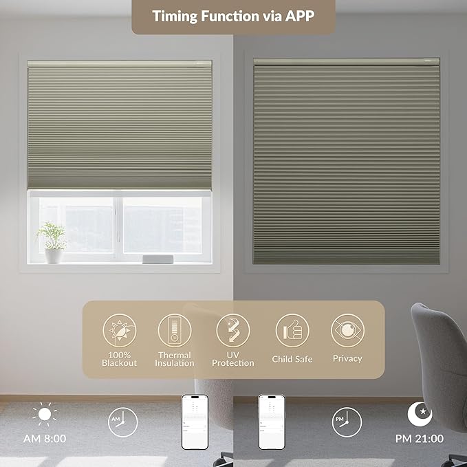 Boolegon No Drill Motorized Cellular Blinds with Remote Motorized Blackout Honeycomb Blinds for Indoor Windows Easy to Install Automatic Cellular Shades for Home,Blackout Beige,Custom Size