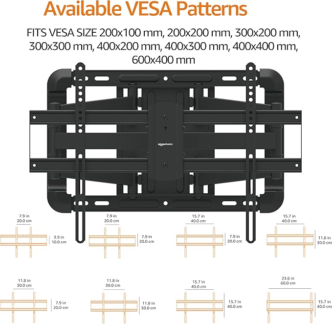 Amazon Basics Heavy Duty Extension Dual Arm, Full Motion Articulating TV Mount for 37" to 80" TVs up to 132 lbs, Fits LED LCD OLED Flat Curved Screens, Black