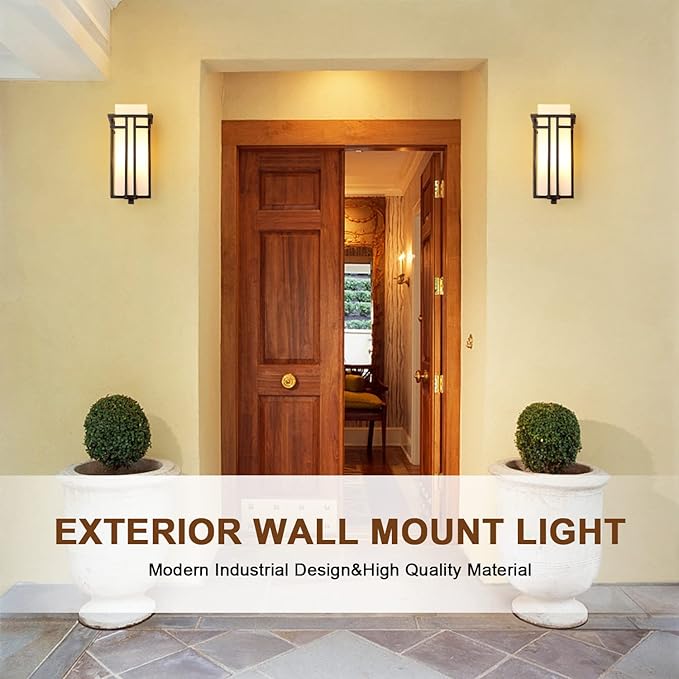 EERU Outdoor Porch Light Wall Mounted Waterproof Wall Lantern Exterior Light Fixture for Entryways Yards Garage Front Porch, Square Metal Frame with Frosted Glass, Black