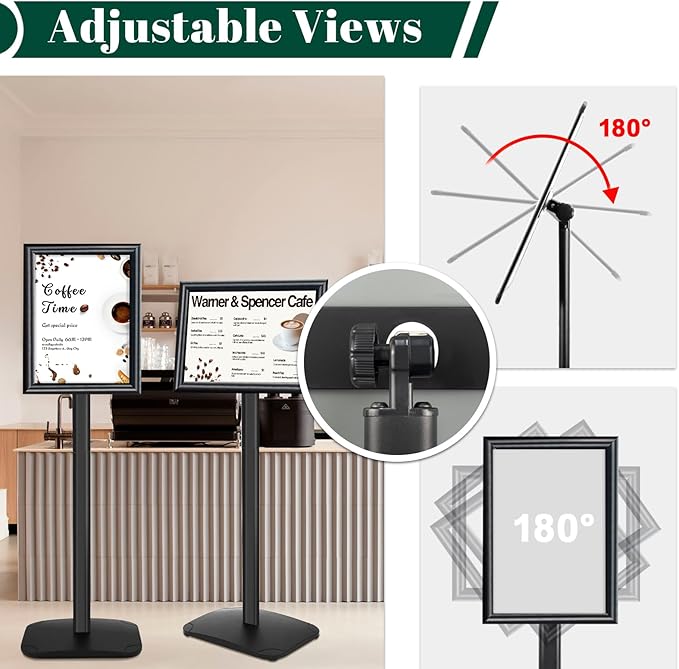 Heavy Duty Pedestal Sign Holder for Display, 8.5 x 11 inches Adjustable Floor Standing Sign Holder with Weighted Base , Vertical and Horizontal View Sign Stand for Indoor/Outdoor Advertising，Black