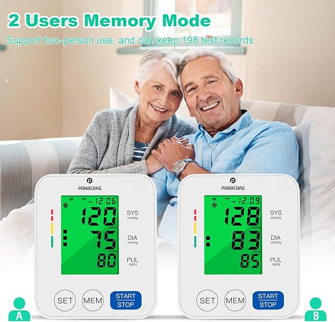 Panacare Blood Pressure Machine, Automatic Upper Arm Blood Pressure Monitor for Home use, 2x99 Readout and BP Cuff, 3.4" 3-Color Backlit Screen, Adjustable Large Cuff (8 to 16 inches), White
