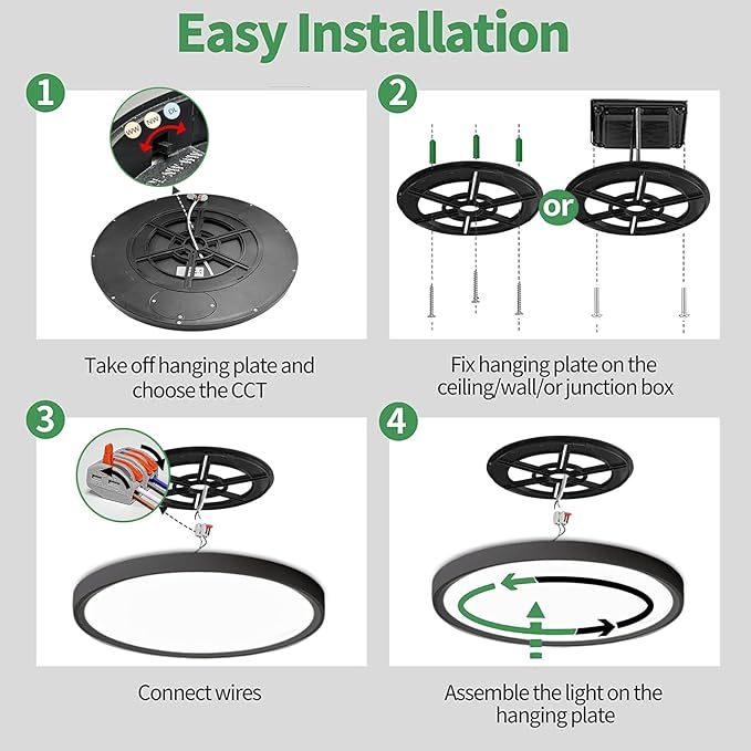 2PK 15.8 Inch Black LED Flush Mount Ceiling Light, 32W, 3480LM, 3000K/4000K/6000K CCT Selectable, Round Flat Panel Light Low Profile Ceiling Light Fitures for Hallway, Kitchen, Bedroom, Laundry Room