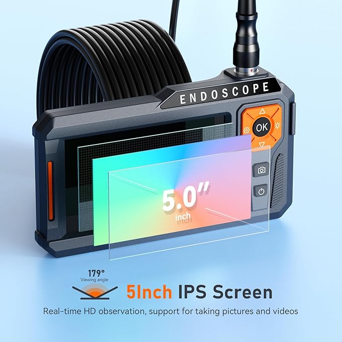 Triple Lens 5" IPS Borescope Inspection Camera, Ginocaco 1080P Digital Video Endoscope with Light, Waterproof Scope Camera with 16.5FT Semi-Rigid Cable, Drain Pipe Tool, Carrying Case, 32G Card