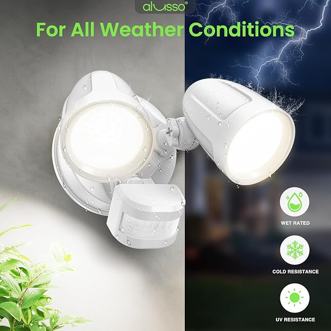 ALUSSO Motion Sensor Outdoor Lights Metal Heads, 30W Flood Lights Outdoor 3600LM, 3 Modes Dusk to Dawn/Auto/On Time, 3000K 4000K 6500K Adjustable, Hardwired Security Light ETL Listed, White 1PC