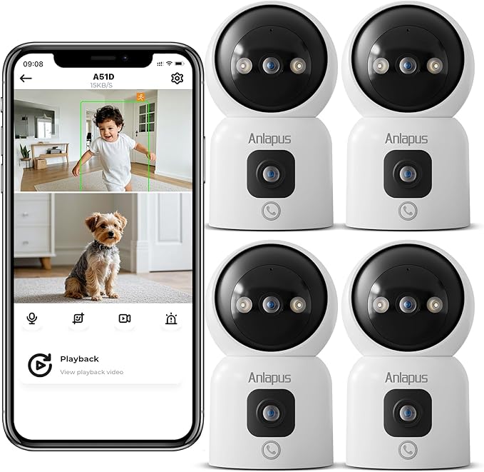Anlapus 4 x A51D 4MP Dual Lens(2MP+2MP) Indoor Security Camera, Motion Detect, Auto Track, Plug-in, 360° WiFi Pan/Tilt Camera, 2.4GHz WiFi, Two-Way Talk, Light & Siren Alert, Memory Card Not Include