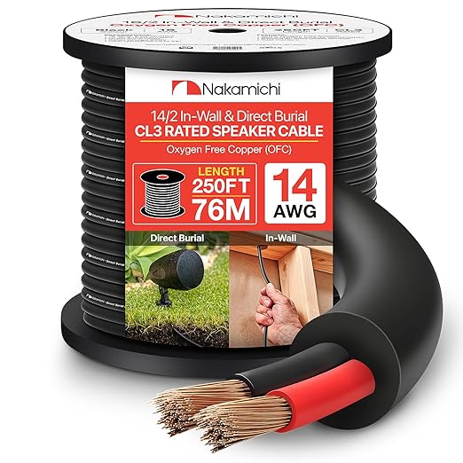 Nakamichi 14/2 (250-Foot) in-Wall & Direct Burial (UL CL2 CL3 Rated) Oxygen-Free Copper (OFC) 2-Conductor Speaker Cable Wire, Outdoor In-Ground, in-Ceiling, Riser, Black (14AWG / 250ft / 76.21m)