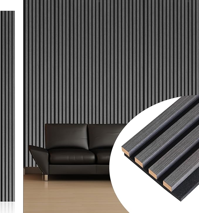 NeatiEase Wood Wall Panels, 9 Feet Acoustic Slat Wall Panels for Interior Wall Decor and Noise Reduction, Decorative Slat Wall Paneling, Dark Gray Oak, 4-Piece