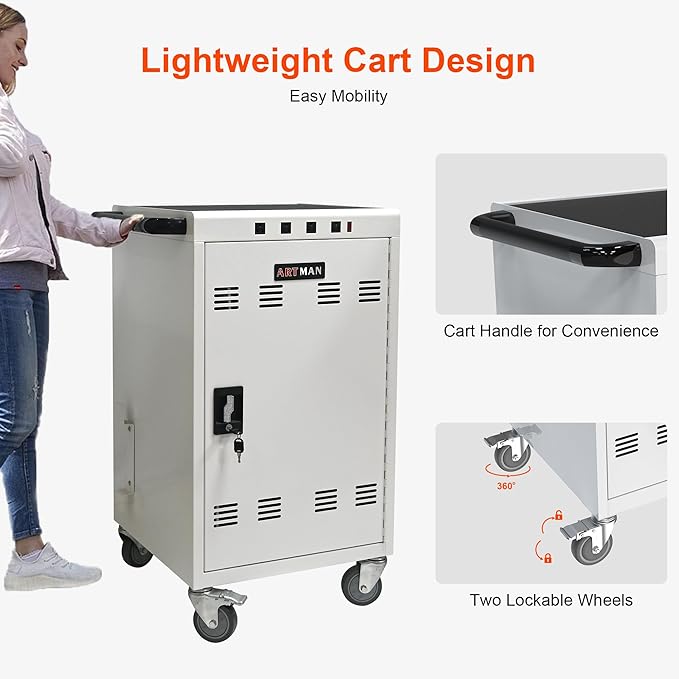 Aokleo Laptop Charging Cart,35 Devices Tablet Storage Carts for pad Up to 16.3" Screen Size, Classroom Computer Mobile Charging Station for Pads, Chromebooks,Laptops, Security Storage(31+4 Bay-White)