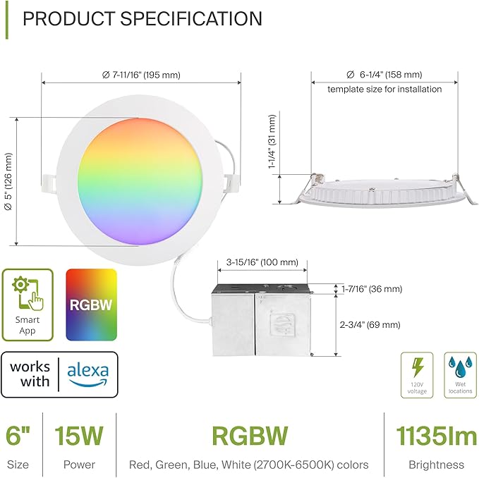 ASD 6 Pack LED Smart Recessed Lighting 6 Inch 15W, RGBW Color Changing Lights, Compatible with Alexa & Google Assistant, Dimmable 2700K-6500K Selectable RGB Lights, WiFi Bluetooth Ceiling Light, ETL