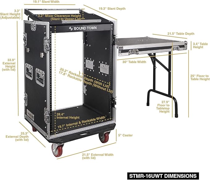 Sound Town Heavy-Duty 1/2" (12mm) Plywood 16U PA/DJ Rack/Road Case with 11U Slant Mixer Top, 20’’ Rackable Depth, DJ Work Table and Casters, 16-Space Size, Pro Tour Grade (STMR-16UWT)