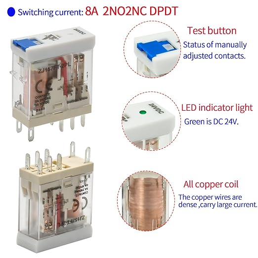 12 Pcs 8Amp Mini Relay Switch UL Listed DPDT with Test Button 24VDC 8Pin Socket Base with Indicator Light Relay Tester