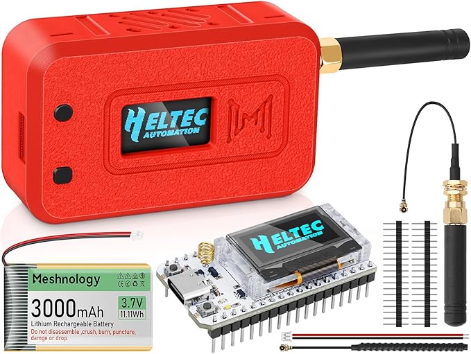 Meshnology 1 Set ESP32 Lo Ra V3 Module Board with 915 MHz Antenna + 3000mAh Battery + Case - with WiFi Blue Tooth SX1262 CP2102 0.96” OLED Display Type C for Ar duino Mesh Tastic IOT (N35, Red)
