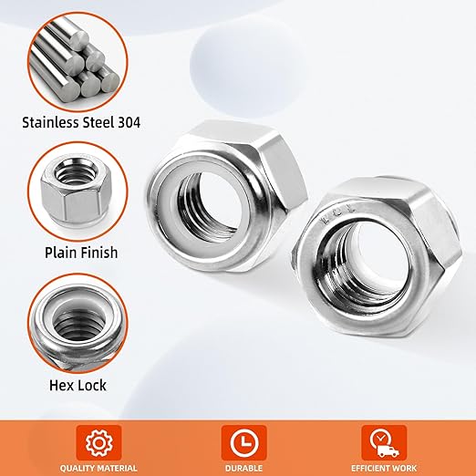 MewuDecor #10 24 Nylon Insert Hex Lock Nuts Locknuts, 304 Stainless Steel 18-8, Bright Finish, 100 PCS