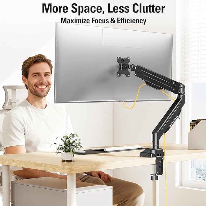 DreamAxis Heavy Duty Single Monitor Arm for 13-42" Ultrawide Screen, Adjustable Monitor Mount with Tilt Rotation Swivel, Gas Spring Desk Mount Bracket with Clamp/Grommet, Holds 33lbs, Max VESA 100x100