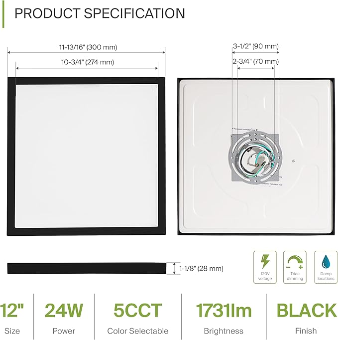 ASD LED 12" Square Flush Mount Ceiling Light Fixture, Low Profile Surface Lighting | 5CCT, Dimmable, Ultra-Thin, ETL Listed | 24W 1700LM 2700-6000K 120V | Kitchen, Hallway Lamp | Black, 4 Pack
