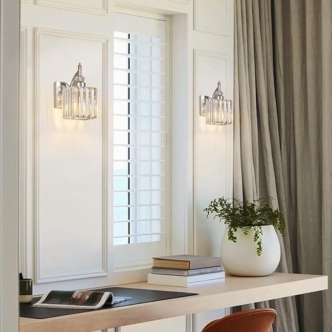 BBLLWJ Modern Wall Sconces Set of Two Chrome Wall Sconces Indoor Wall Lamp Crystal Wall Light Wall Mounted Room Sconce Wall Lighting Bathroom Vanity Light Fixtures