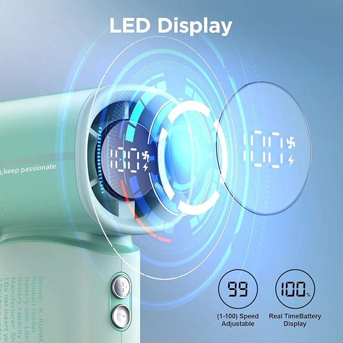 K-RUNMAN Portable Handheld Turbo Fan,100 Speeds Adjustable Mini Personal Fan, 4000mAh USB Rechargeable Battery Operated, LED Display,Gifts for Women Men Travel/Camping/Outdoor (Green)