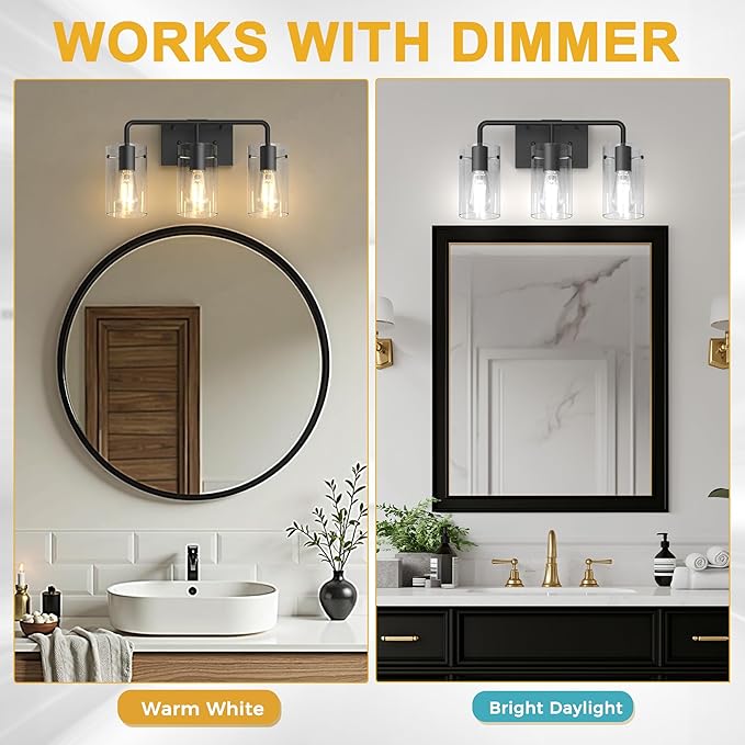 L LOHAS LED 3-Light Bathroom Light Fixtures, 17.71" Black Bathroom Vanity Light with Straight Glass Shades, Modern Vanity Lights for Bathroom Light Fixtures Over Mirror Living Room Hallway, E26, ETL