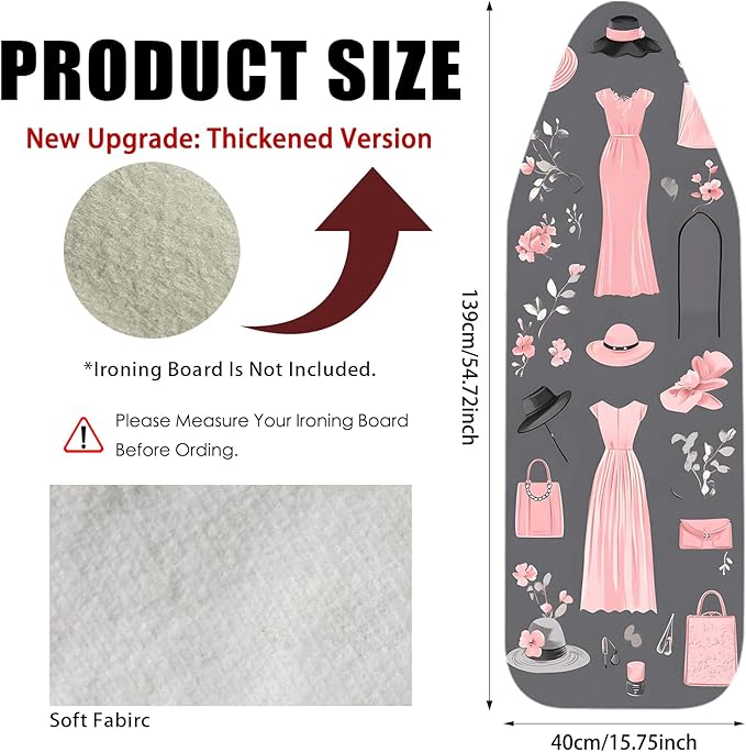 Nuxovilar Ironing Board Cover Needle Cotton 15x54 Inches | Ironing Board Cover and Pad Pink Fashion Design Needle Cotton for Bedroom, Dressing Area, Laundry Space