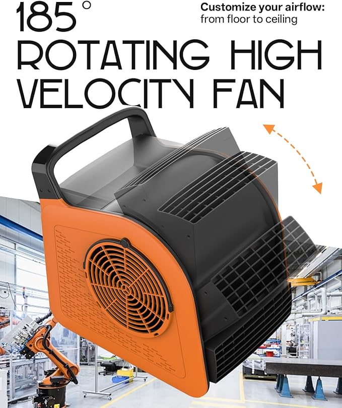 Puligoth Air Mover Blower Fan: High Velocity Floor Fans for Cooling and Drying, Carpet Dryer with Heater, Filter, UV Light, 3 Speeds, 185° Rotating for Industrial, Orange