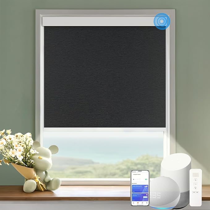 COOLWINDS Motorized Blinds with Remote Cordless Automatic Motorized Shades Custom Blinds for Windows Smart Curtains Compatible with Alexa Google Home(Blackout Jacquard Black,W67 x H72in)