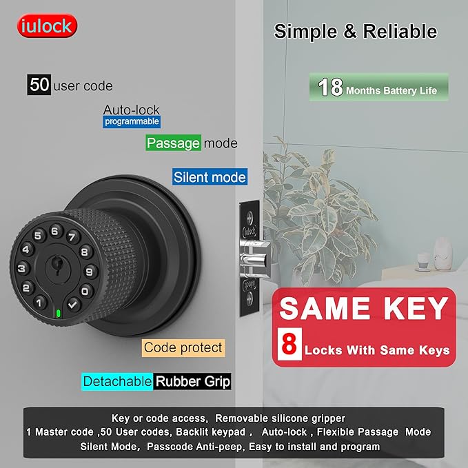 iulock Smart Door Knob with Keypad and Key,Keyless Entry Door Lock with Rubber Grip, Auto Lock,50 User Code,Waterproof, Easy to Install and Program for Bedroom(Matte Black Same Key 8 Pack)