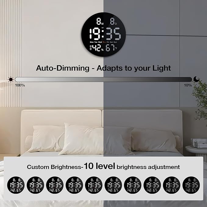 Brauthon Large Digital Clock for Classroom, Digital Classroom Clocks for Teachers, 10" Round LED Clock with Large Display，Date, Countdown Timer, Remote Control, Temperature, Electric (White)