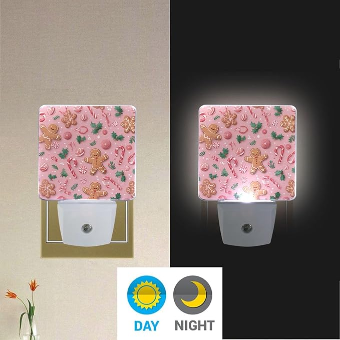 Pigsaly Led Night Light Christmas Gingerbread Men Pink Candy Canes Night Light Plug in Wall Lamp Smart Dusk to Dawn Sensor Nightlight Led Lamp Energy Saving Lights Gift for Kids Room Bedroom Bathroo