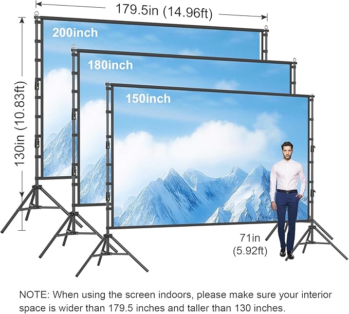 Outdoor Projector Screen with Stand, TOWOND 200 Inch Portable Projection Screen - Dual-Sided 16:9 4K HD Movie Screen, Wrinkle-Free Design & Carry Bag for Backyard Cinema