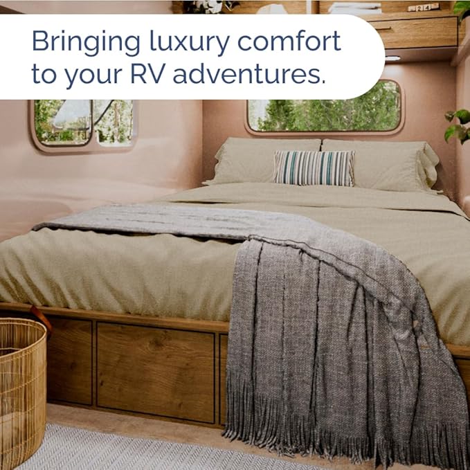 RV Short Queen Sheet Set 60 X 75 - 4 Piece RV Short Queen Bed Sheets - Soft, Breathable & Cooling - Designed for Bunks, Trailers & Campers - Fits 8” to 12" Mattress - Luxury Bedding - Heathered Beige